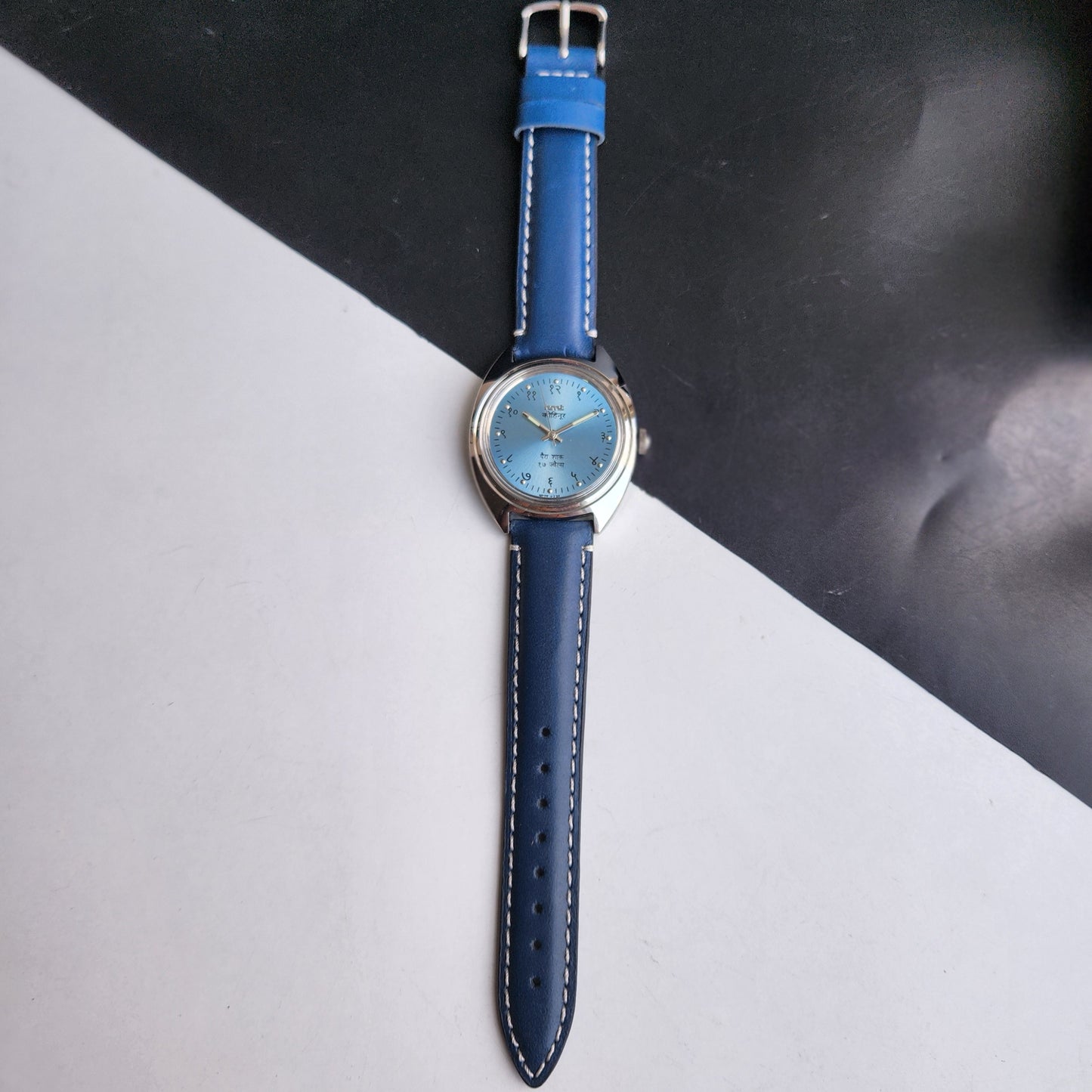 Vintage Mod HMT Kohinoor Devanagari Hand Winding 17 Jewels Sky Blue Face Blue Croco Leather Strap Men's Wrist Watch J14