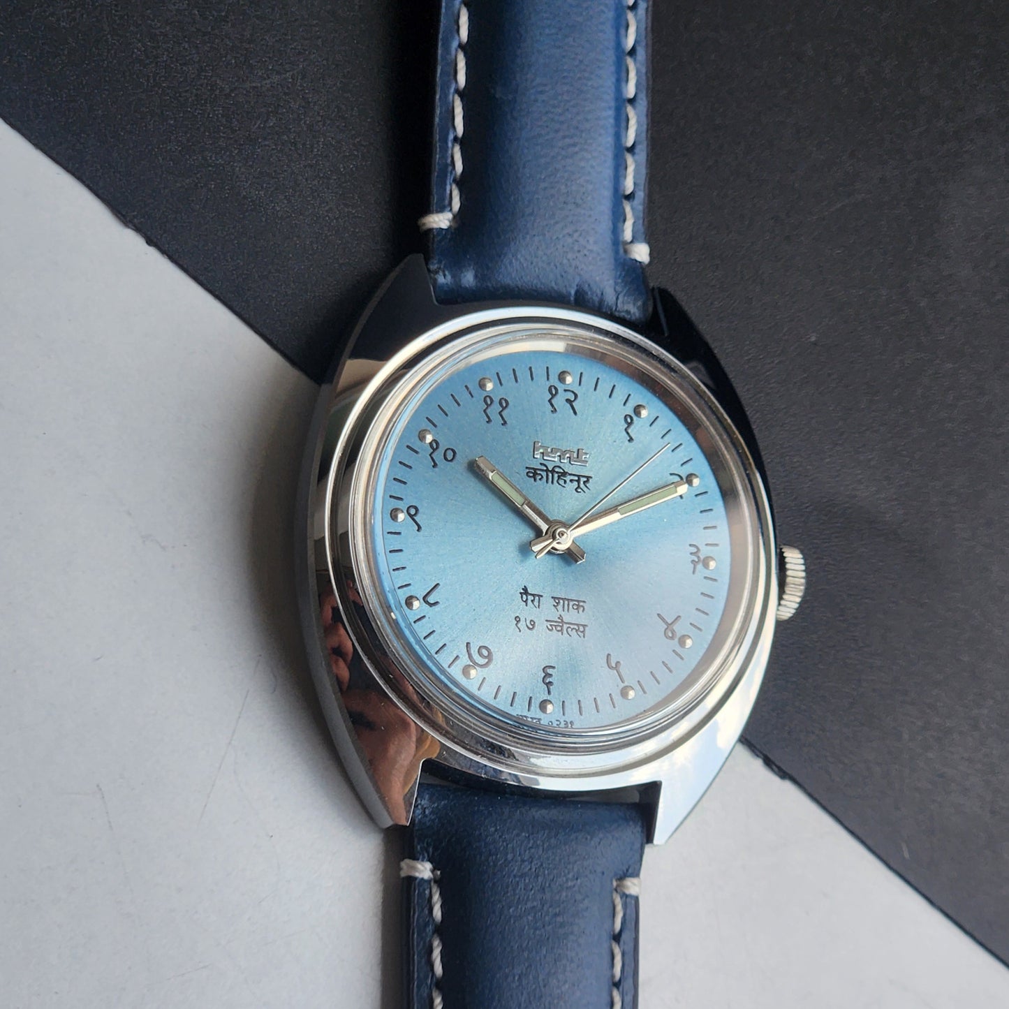Vintage Mod HMT Kohinoor Devanagari Hand Winding 17 Jewels Sky Blue Face Blue Croco Leather Strap Men's Wrist Watch J14