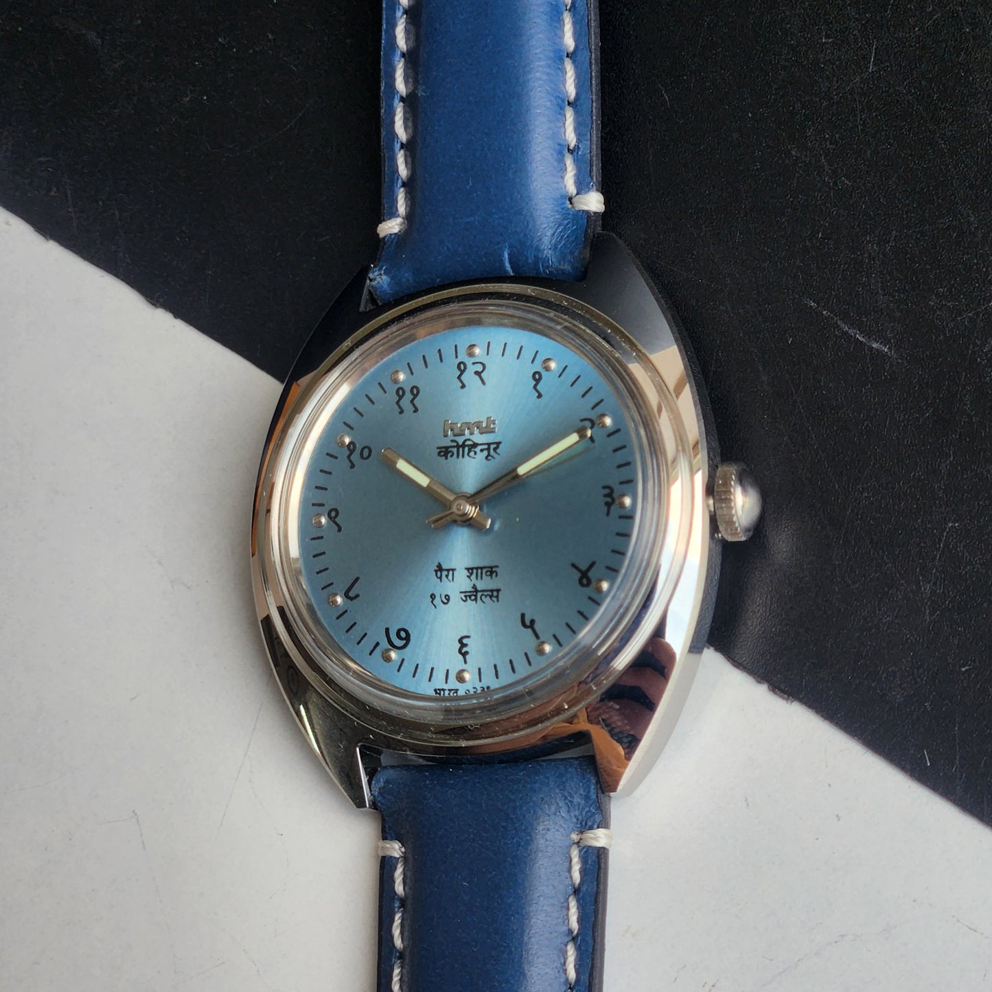 Vintage Mod HMT Kohinoor Devanagari Hand Winding 17 Jewels Sky Blue Face Blue Croco Leather Strap Men's Wrist Watch J14