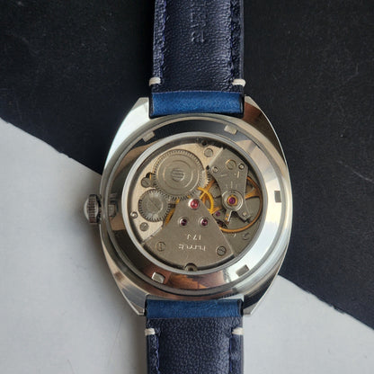 Vintage Mod HMT Kohinoor Devanagari Hand Winding 17 Jewels Sky Blue Face Blue Croco Leather Strap Men's Wrist Watch J14