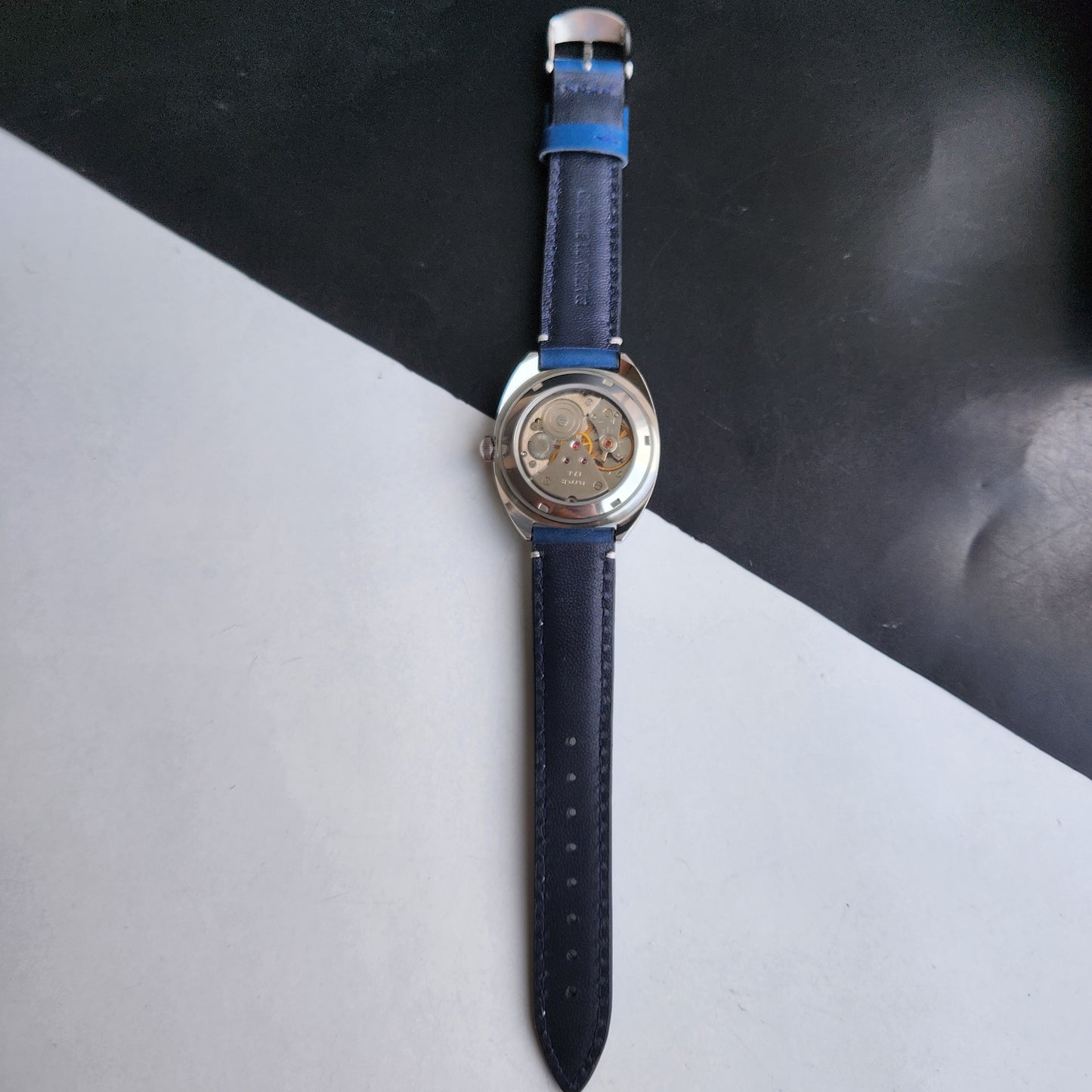 Vintage Mod HMT Kohinoor Devanagari Hand Winding 17 Jewels Sky Blue Face Blue Croco Leather Strap Men's Wrist Watch J14