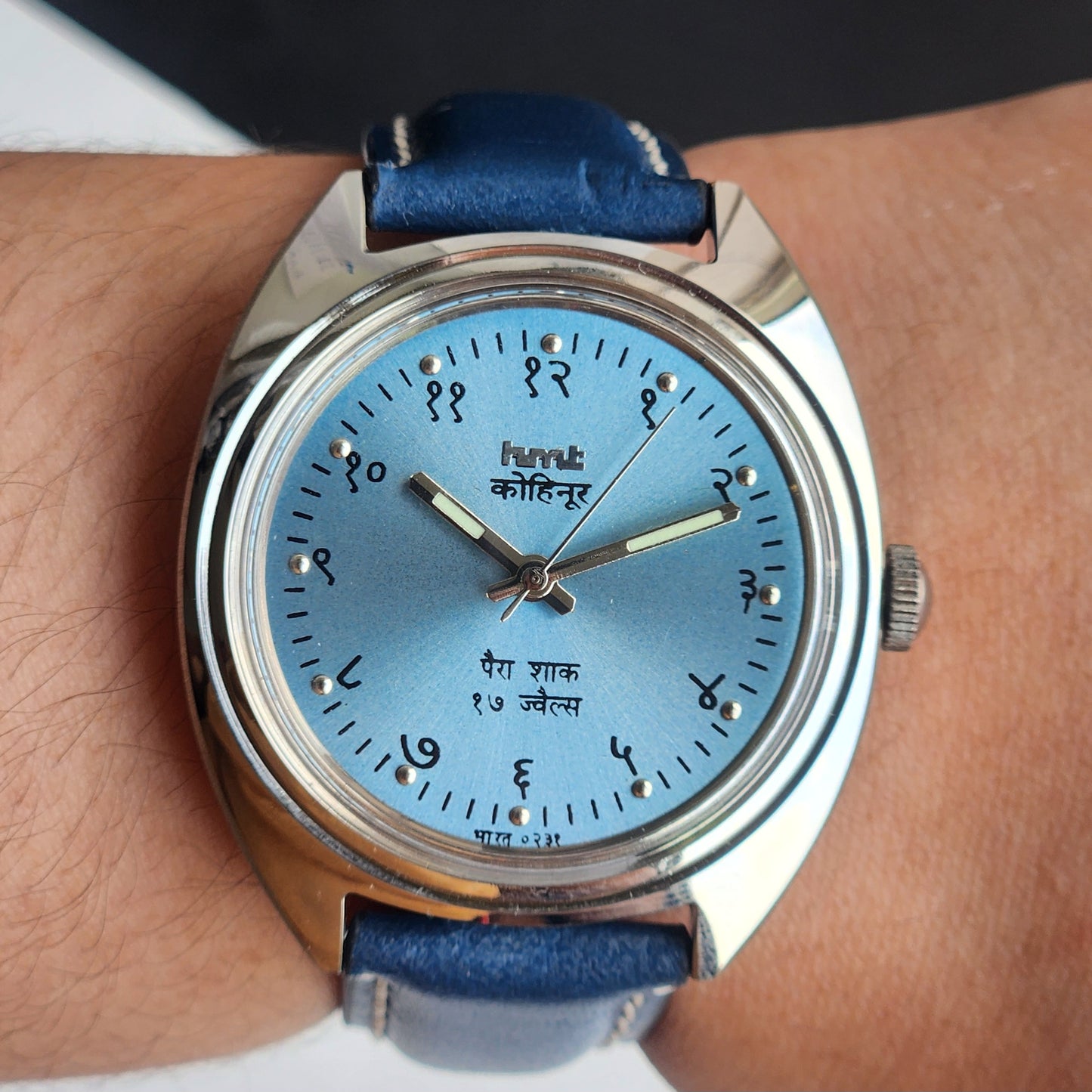 Vintage Mod HMT Kohinoor Devanagari Hand Winding 17 Jewels Sky Blue Face Blue Croco Leather Strap Men's Wrist Watch J14