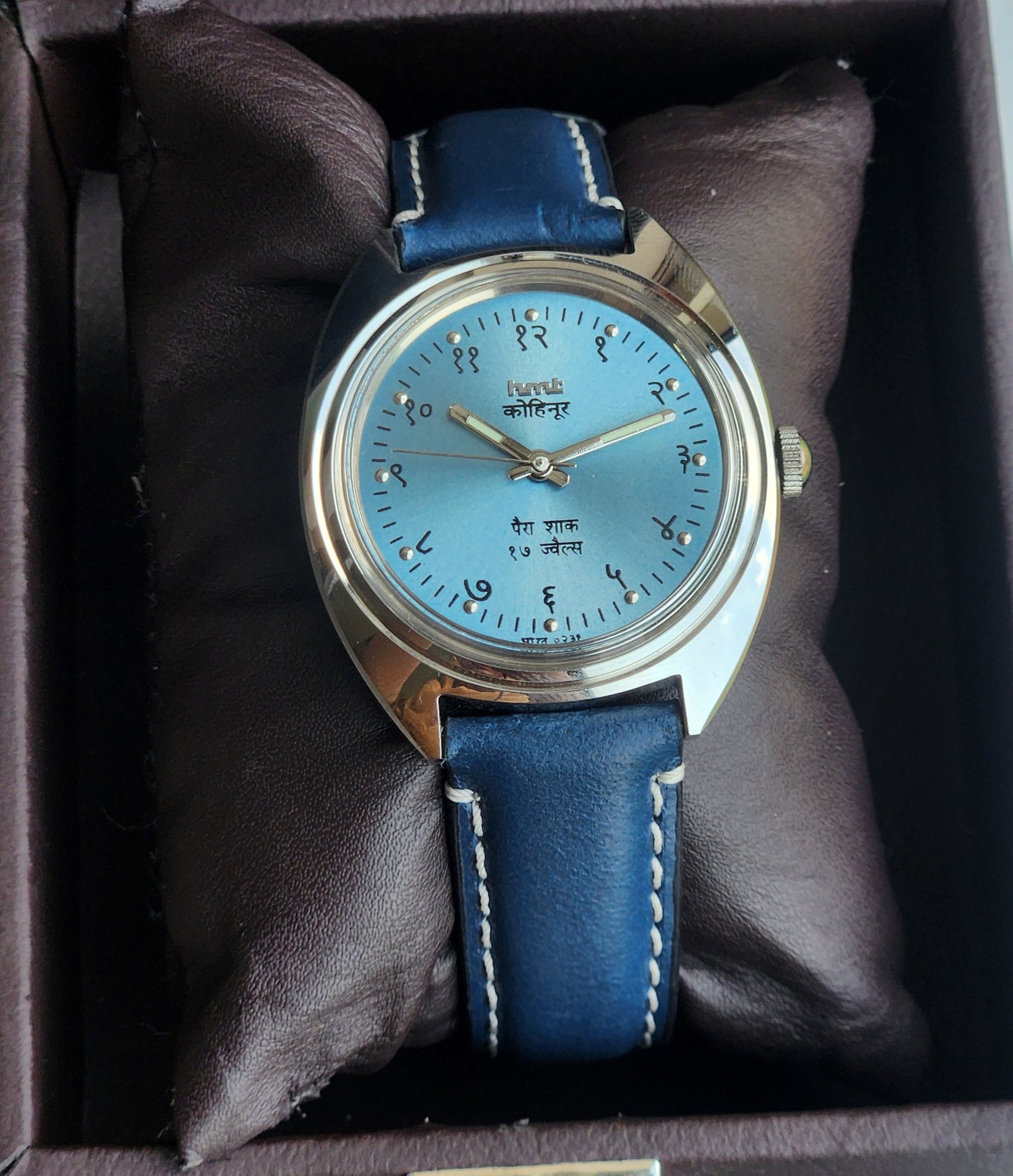Vintage Mod HMT Kohinoor Devanagari Hand Winding 17 Jewels Sky Blue Face Blue Croco Leather Strap Men's Wrist Watch J14