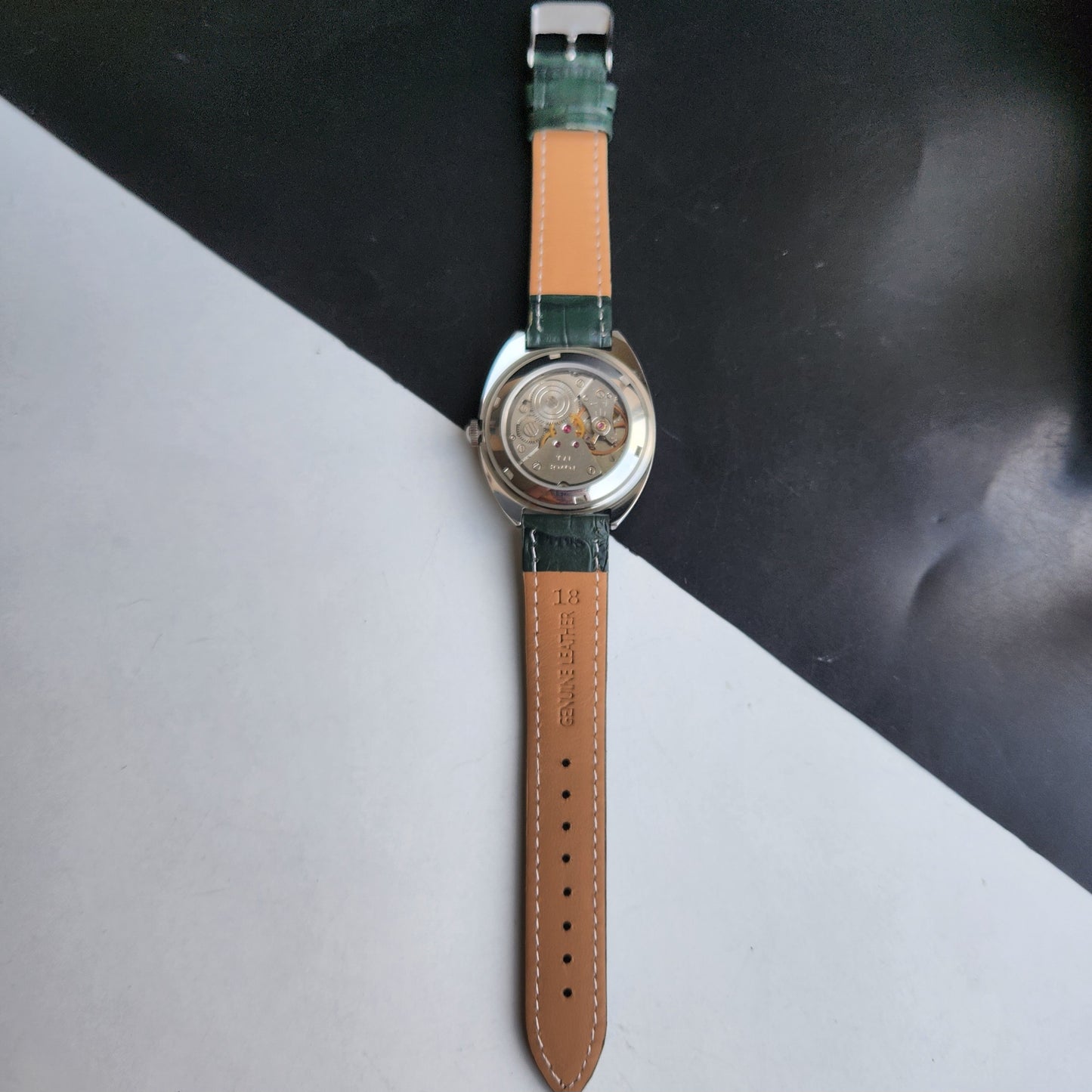 Vintage Mod HMT Kohinoor Devanagari Hand Winding 17 Jewels Green Face Green Croco Leather Strap Men's Wrist Watch J13
