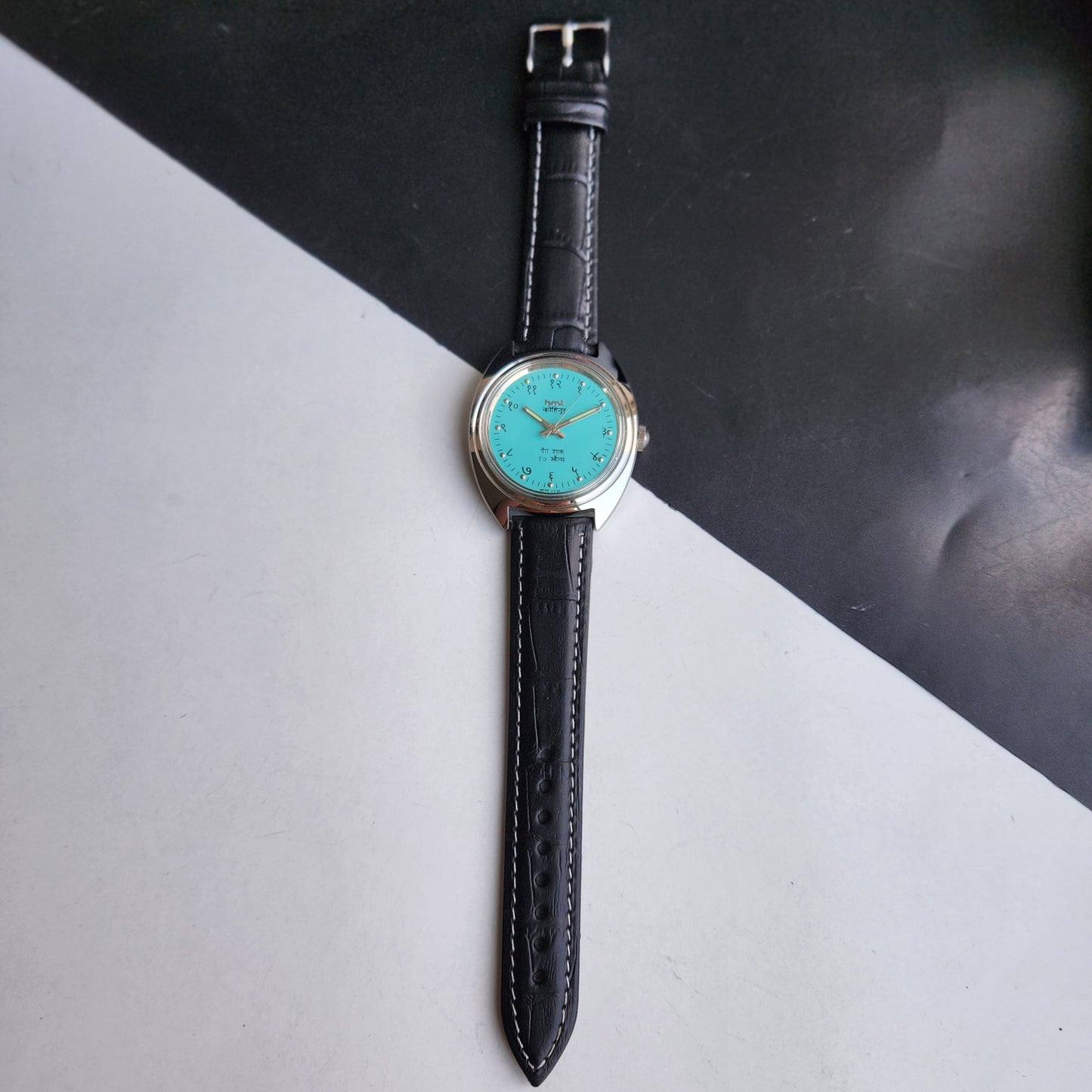 Vintage Mod HMT Kohinoor Devanagari Hand Winding 17 Jewels Sky Blue Face Blue Croco Leather Strap Men's Wrist Watch J15