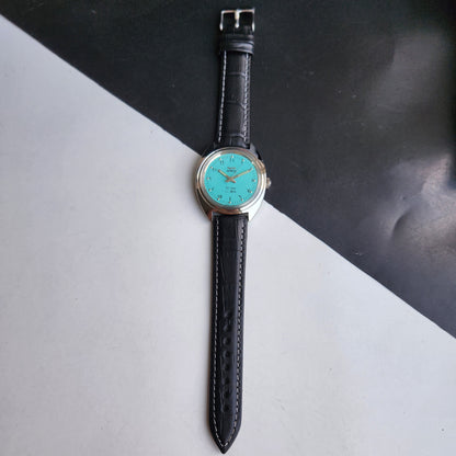 Vintage Mod HMT Kohinoor Devanagari Hand Winding 17 Jewels Sky Blue Face Blue Croco Leather Strap Men's Wrist Watch J15