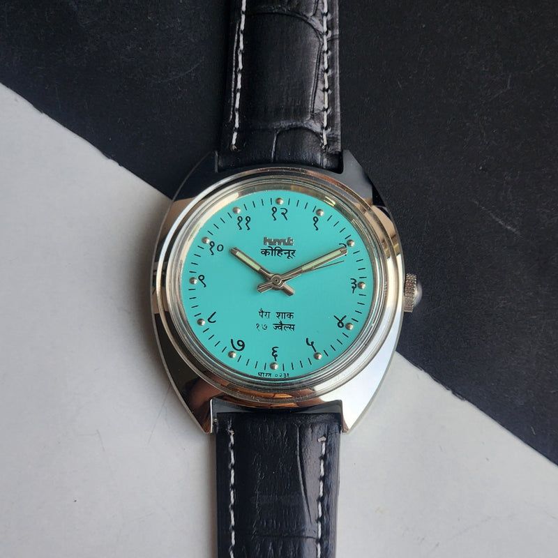 Vintage Mod HMT Kohinoor Devanagari Hand Winding 17 Jewels Sky Blue Face Black Croco Leather Strap Men's Wrist Watch J15