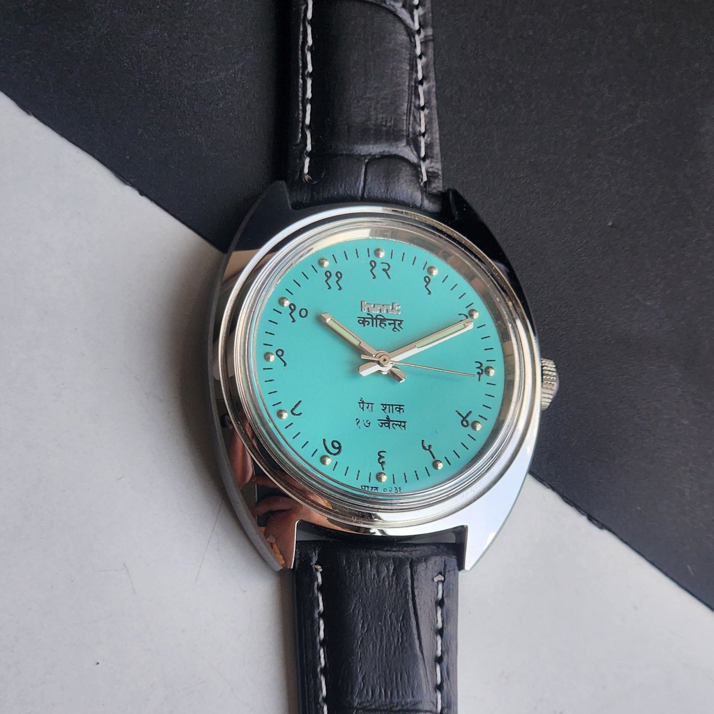 Vintage Mod HMT Kohinoor Devanagari Hand Winding 17 Jewels Sky Blue Face Blue Croco Leather Strap Men's Wrist Watch J15