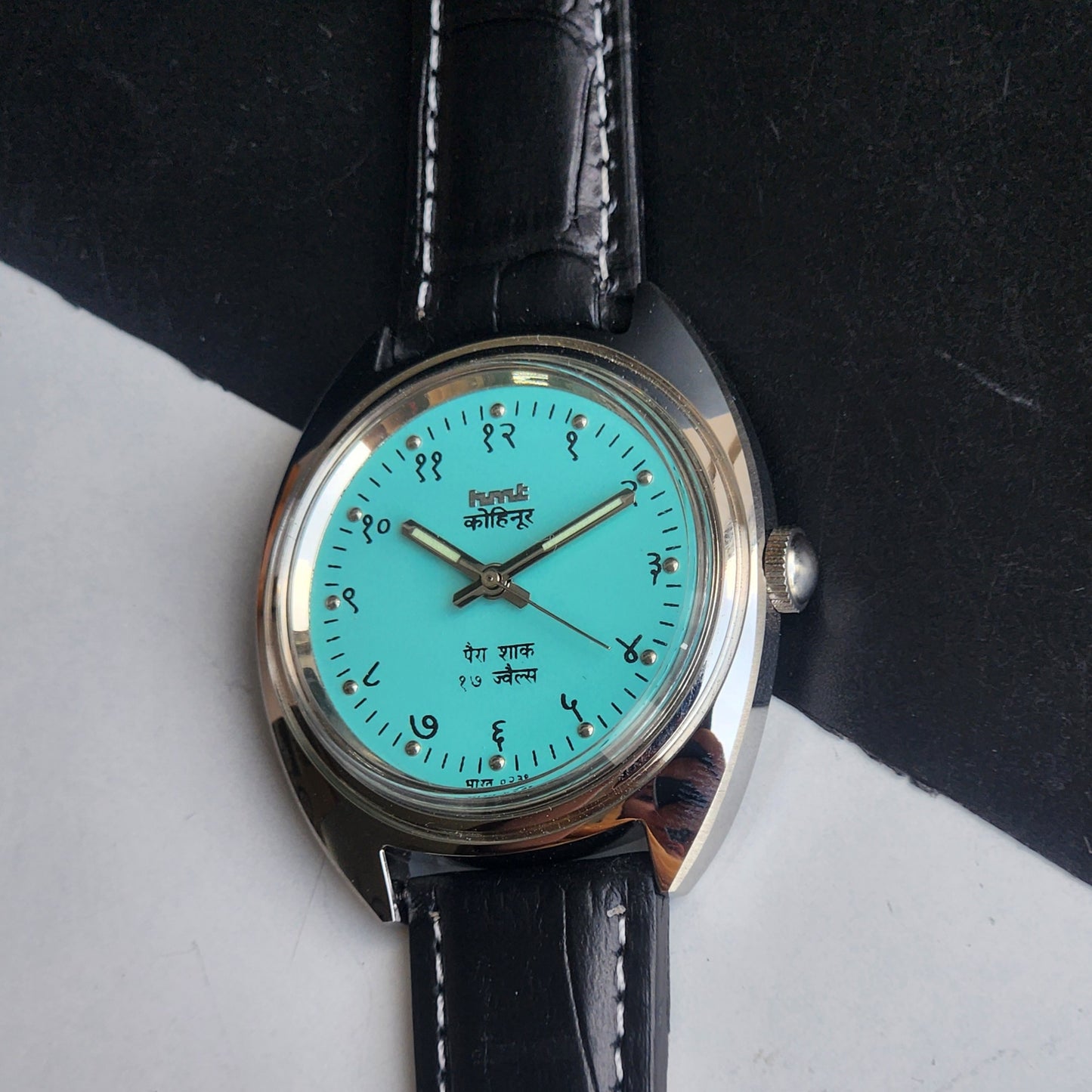 Vintage Mod HMT Kohinoor Devanagari Hand Winding 17 Jewels Sky Blue Face Blue Croco Leather Strap Men's Wrist Watch J15