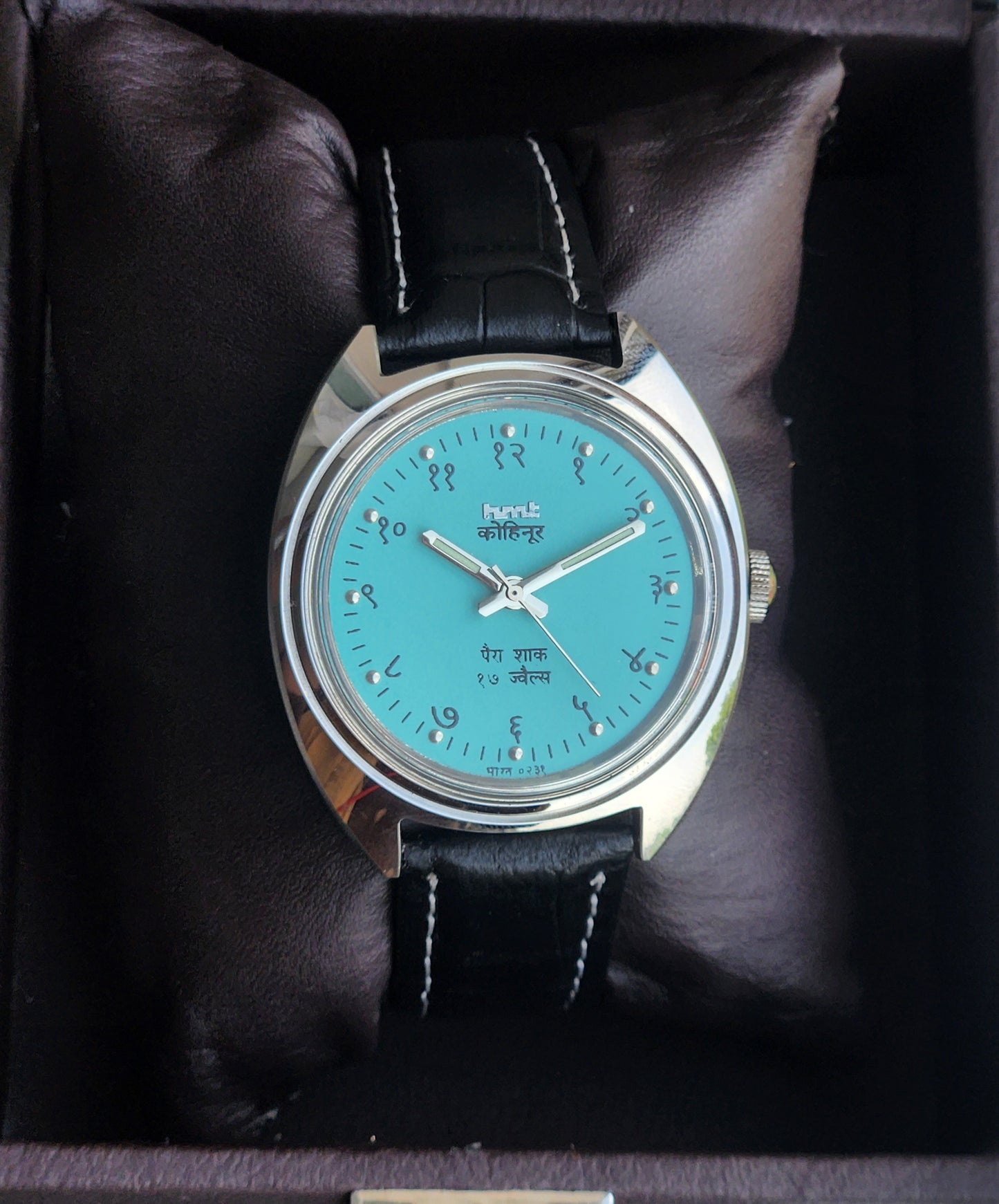 Vintage Mod HMT Kohinoor Devanagari Hand Winding 17 Jewels Sky Blue Face Blue Croco Leather Strap Men's Wrist Watch J15