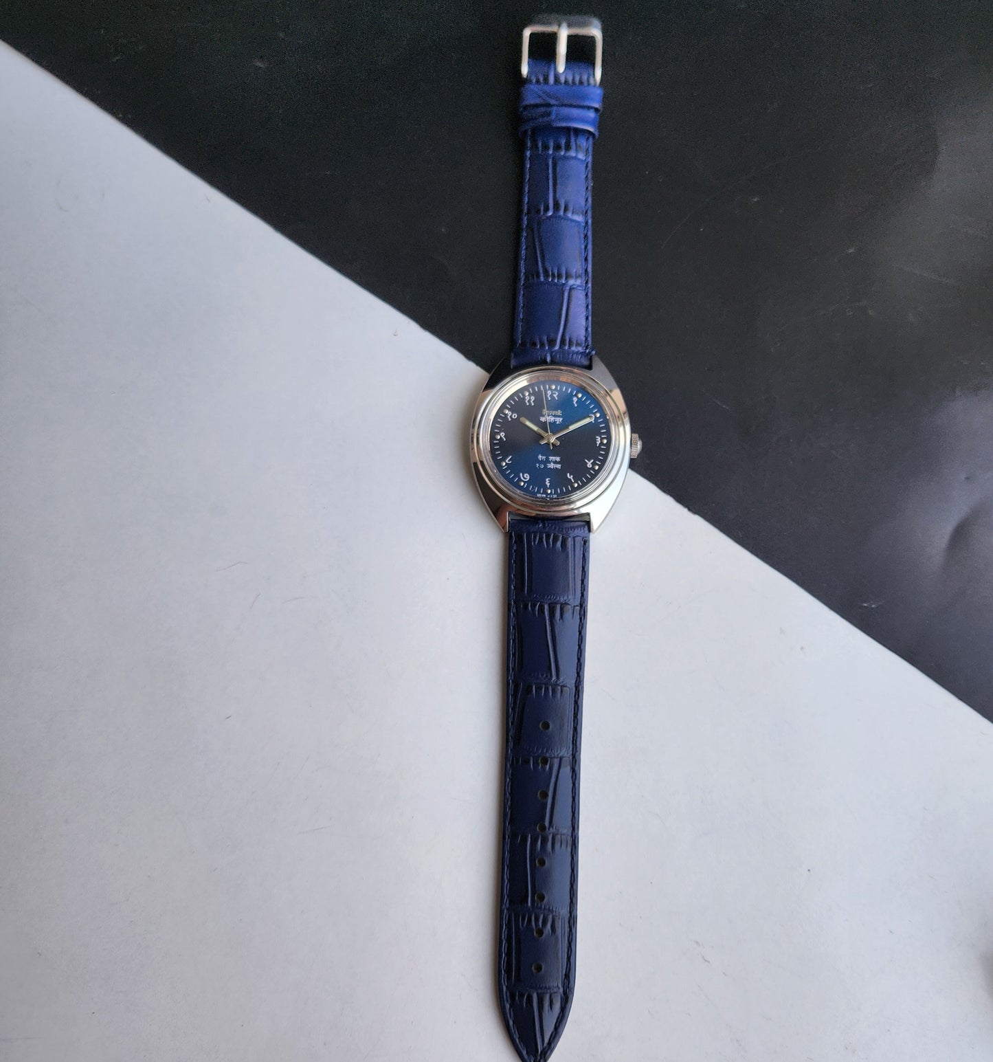Vintage Mod HMT Kohinoor Devanagari Hand Winding 17 Jewels Blue Face Blue Croco Leather Strap Men's Wrist Watch J16