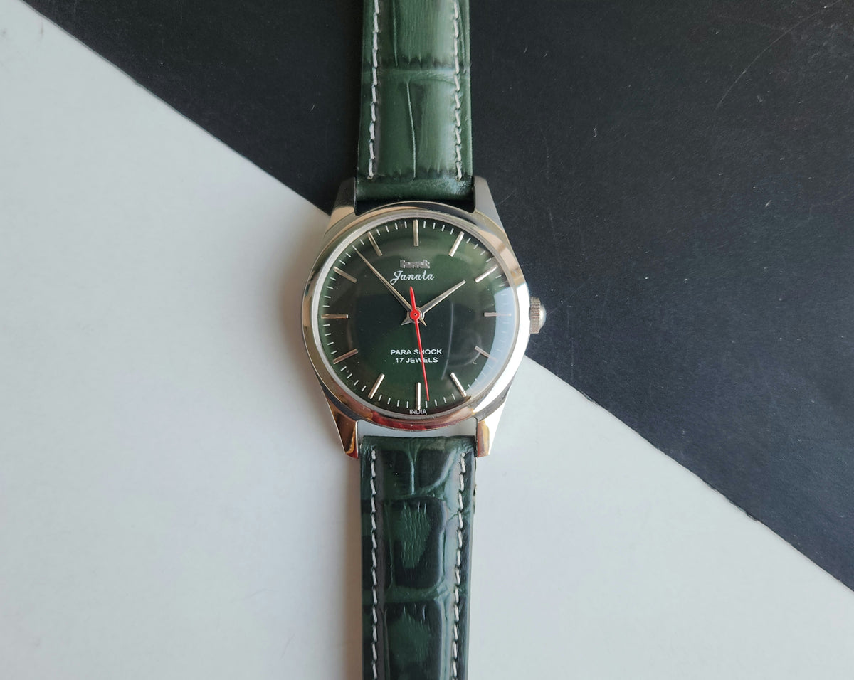 Vintage MOD HMT Janata Hand Winding 17 Jewels Green Face Green Croco Leather Strap Men's Wrist Watch J0017