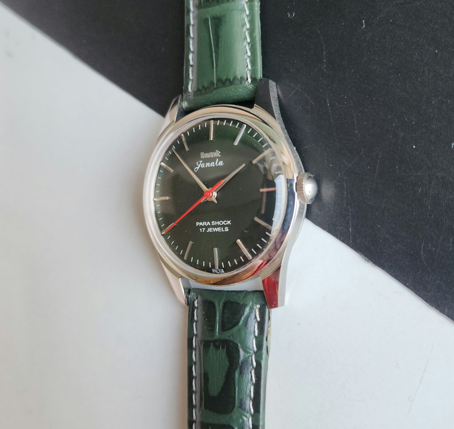Vintage MOD HMT Janata Hand Winding 17 Jewels Green Face Green Croco Leather Strap Men's Wrist Watch J17