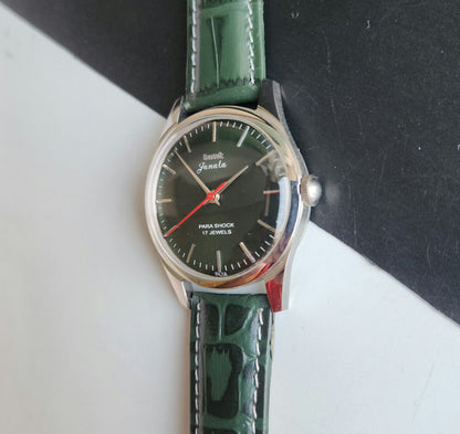 Vintage MOD HMT Janata Hand Winding 17 Jewels Green Face Green Croco Leather Strap Men's Wrist Watch J17