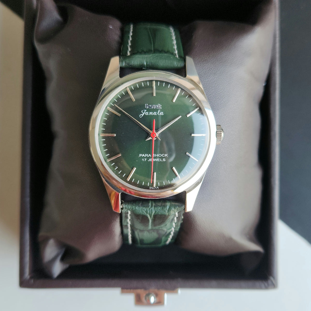 Vintage MOD HMT Janata Hand Winding 17 Jewels Green Face Green Croco Leather Strap Men's Wrist Watch J0017