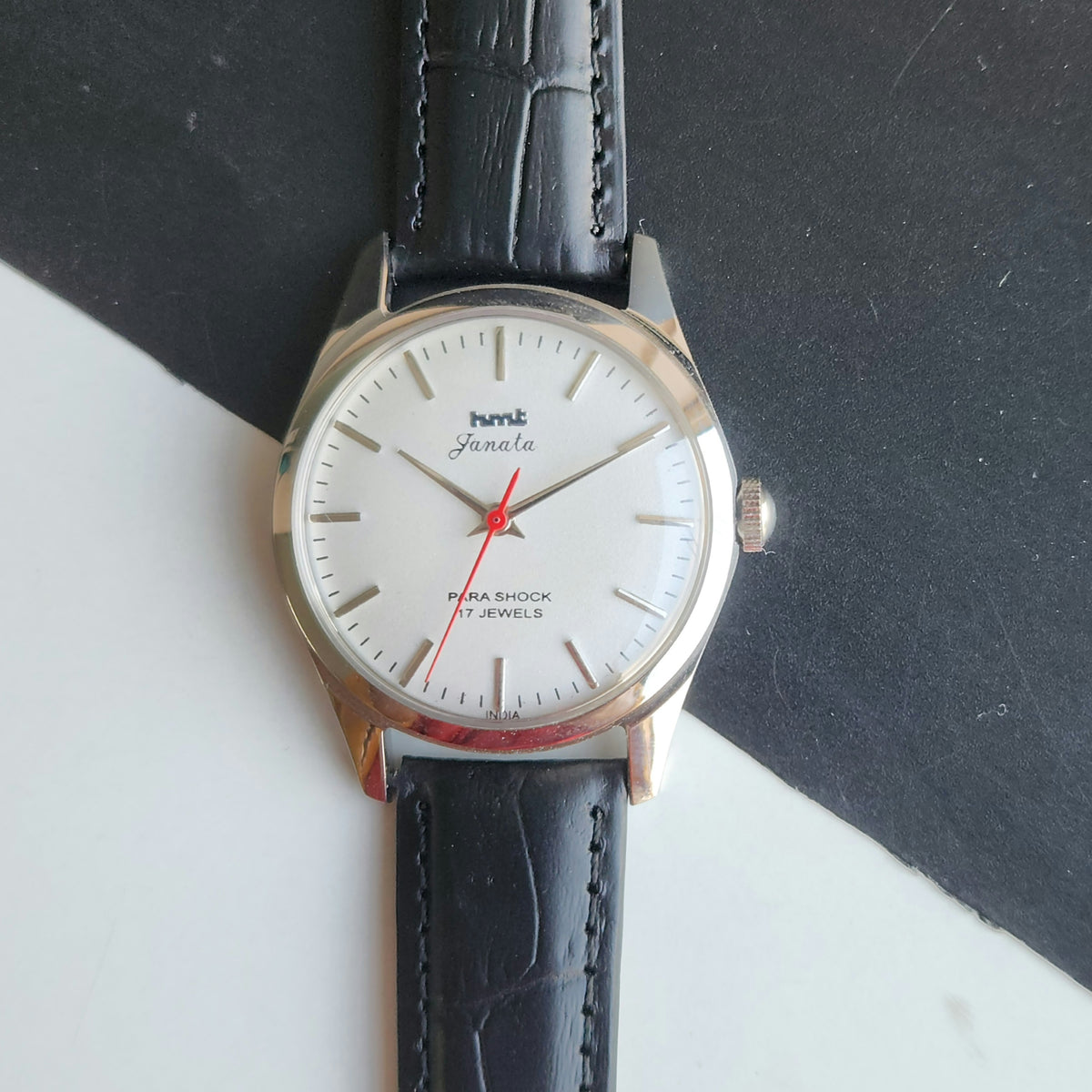 Vintage MOD HMT Janata Hand Winding 17 Jewels White Face Black Croco Leather Strap Men's Wrist Watch J0018