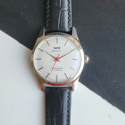 Vintage MOD HMT Janata Hand Winding 17 Jewels White Face Black Croco Leather Strap Men's Wrist Watch J18
