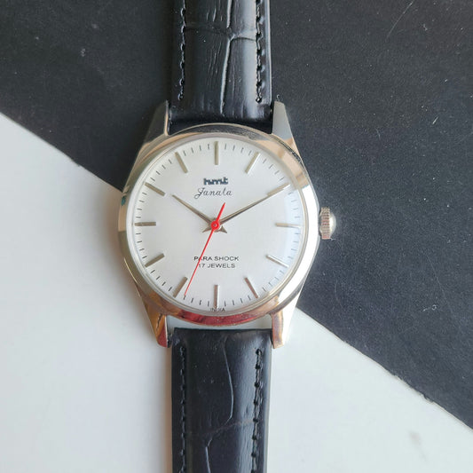 Vintage MOD HMT Janata Hand Winding 17 Jewels White Face Black Croco Leather Strap Men's Wrist Watch J18
