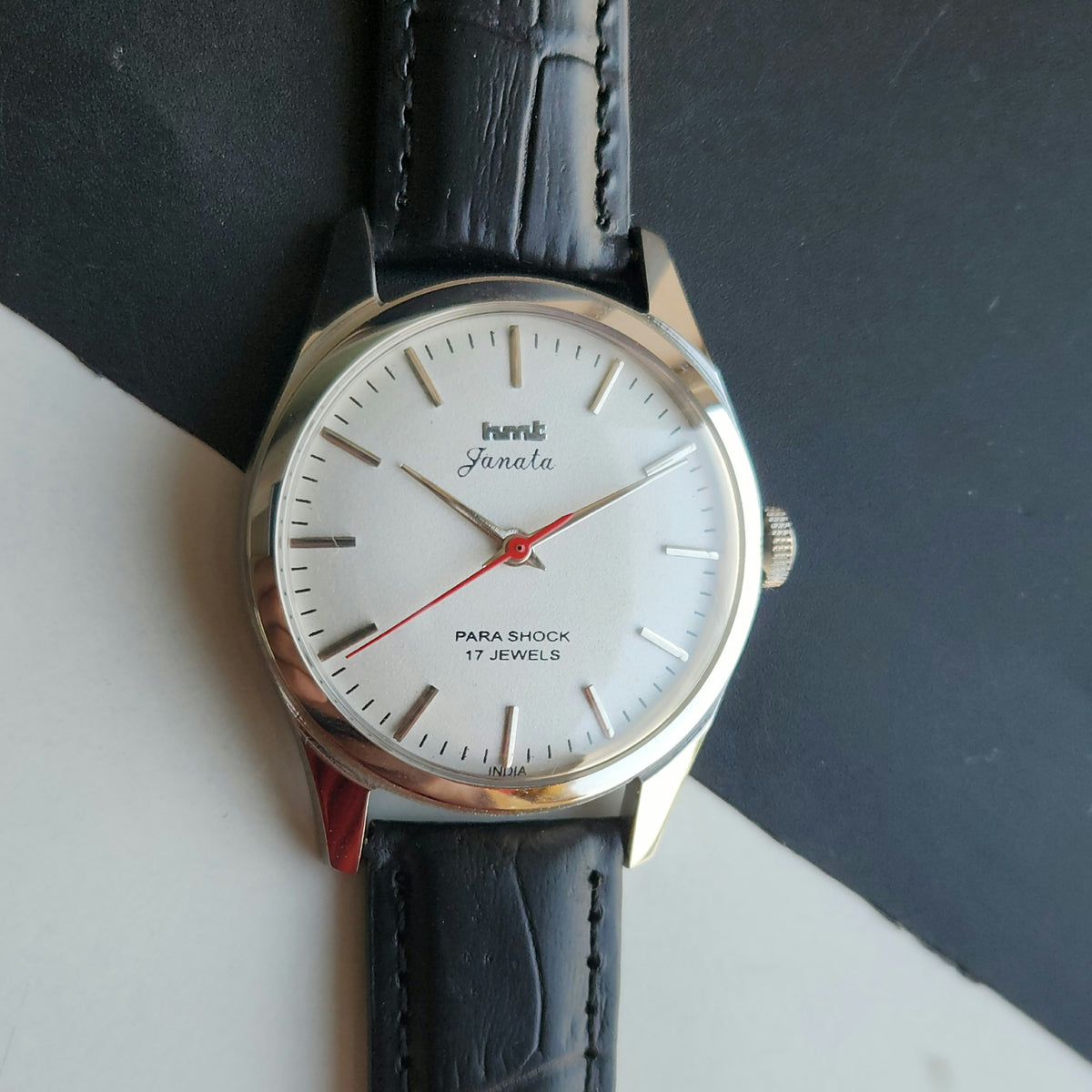 Vintage MOD HMT Janata Hand Winding 17 Jewels White Face Black Croco Leather Strap Men's Wrist Watch J0018