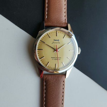 Vintage MOD HMT Janata Hand Winding 17 Jewels Yellow Face Brown Leather Strap Men's Wrist Watch J19
