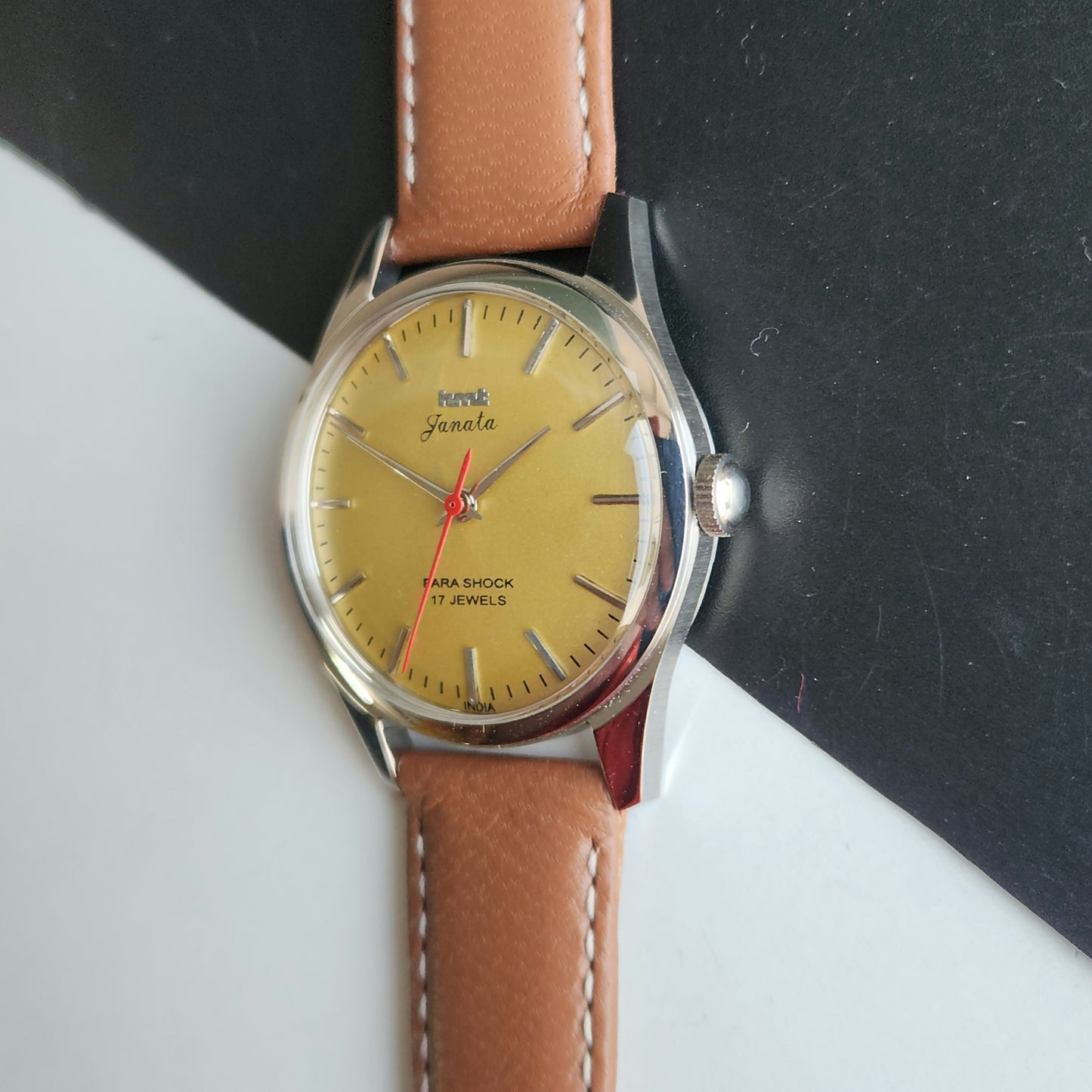 Vintage MOD HMT Janata Hand Winding 17 Jewels Yellow Face Brown Leather Strap Men's Wrist Watch J19