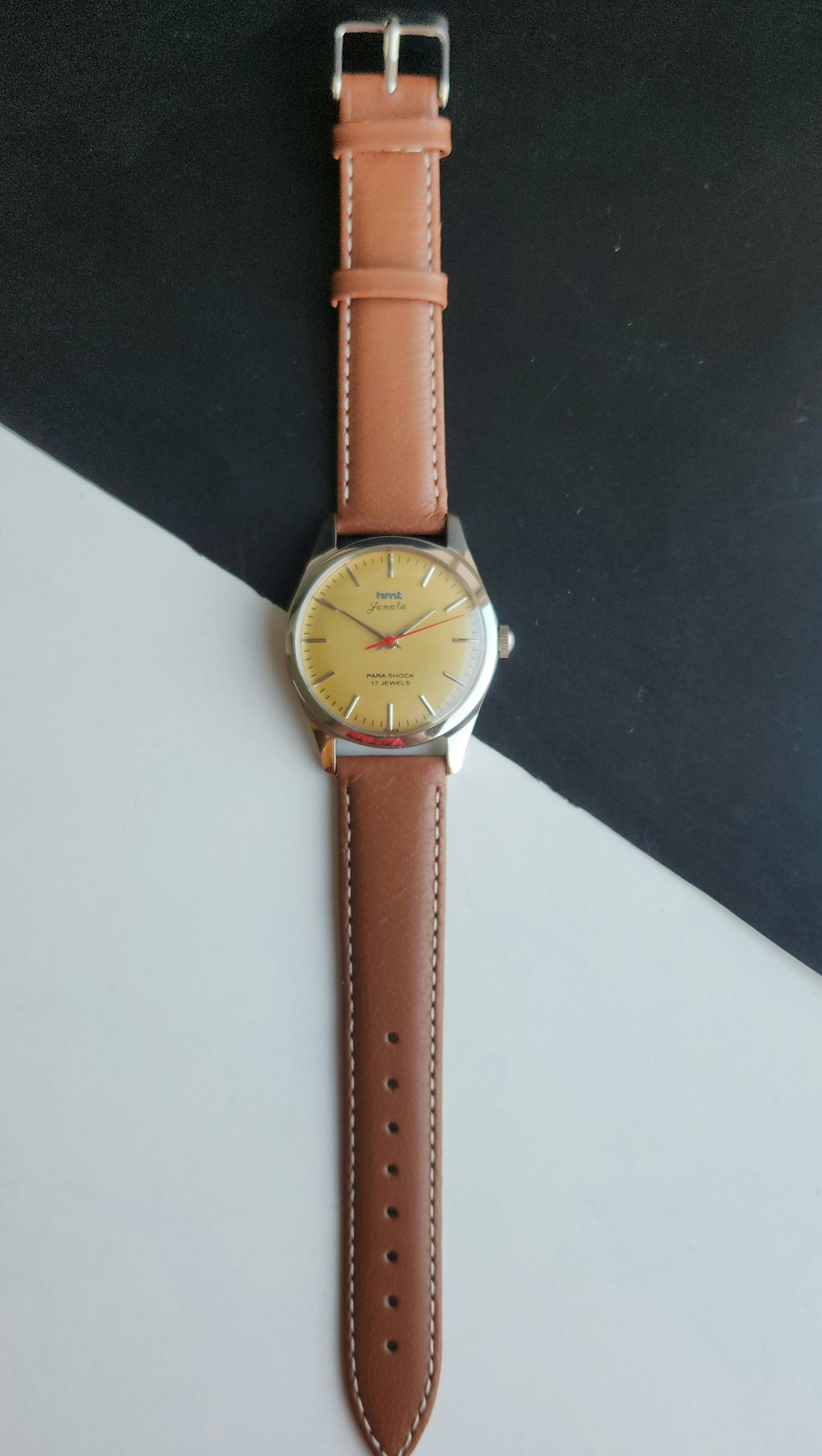 Vintage MOD HMT Janata Hand Winding 17 Jewels Yellow Face Brown Leather Strap Men's Wrist Watch J19