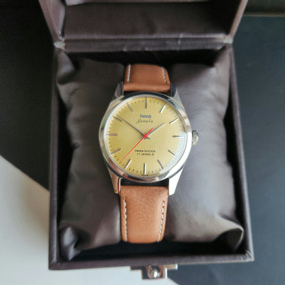 Vintage MOD HMT Janata Hand Winding 17 Jewels Yellow Face Brown Leather Strap Men's Wrist Watch J19