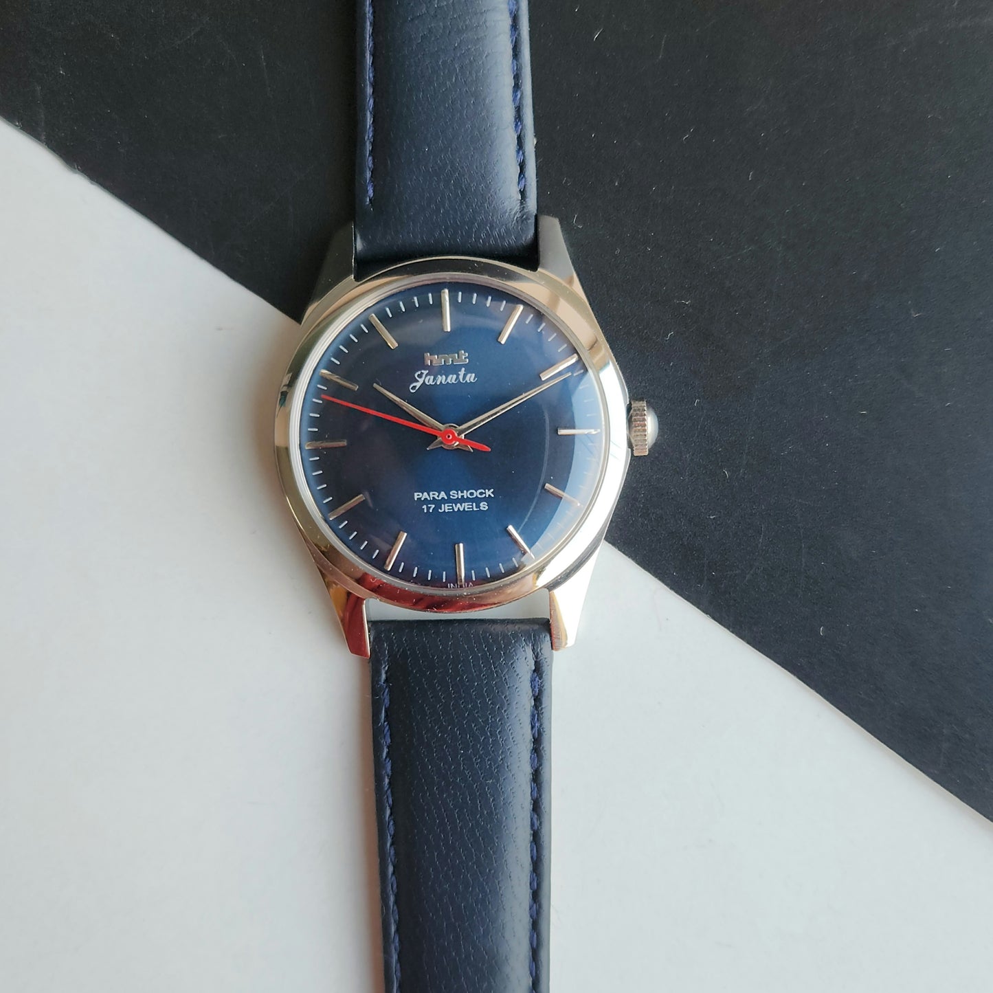 Vintage MOD HMT Janata Hand Winding 17 Jewels Blue Face Blue Leather Strap Men's Wrist Watch J20