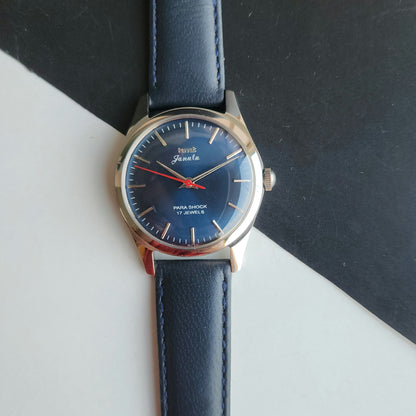 Vintage MOD HMT Janata Hand Winding 17 Jewels Blue Face Blue Leather Strap Men's Wrist Watch J20