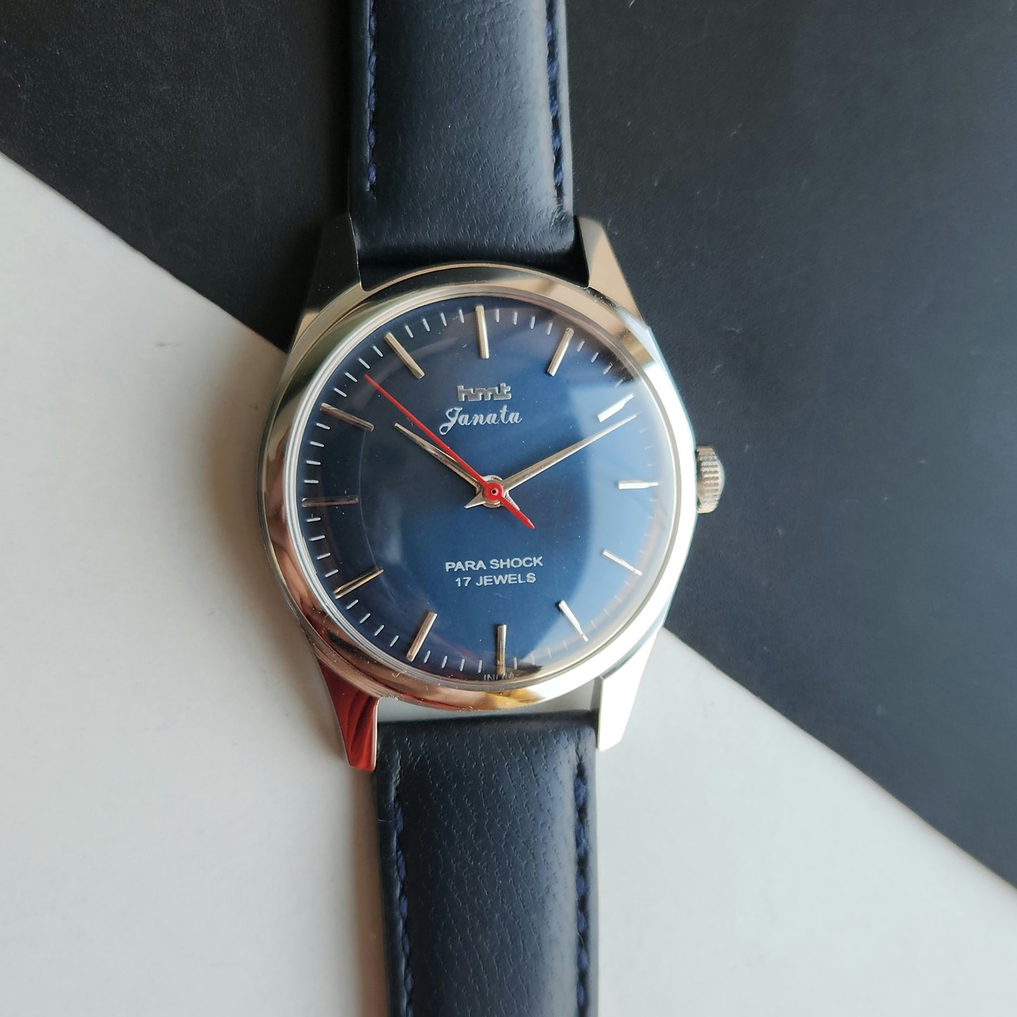 Vintage MOD HMT Janata Hand Winding 17 Jewels Blue Face Blue Leather Strap Men's Wrist Watch J20