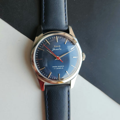 Vintage MOD HMT Janata Hand Winding 17 Jewels Blue Face Blue Leather Strap Men's Wrist Watch J20