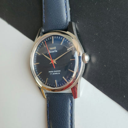 Vintage MOD HMT Janata Hand Winding 17 Jewels Blue Face Blue Leather Strap Men's Wrist Watch J20