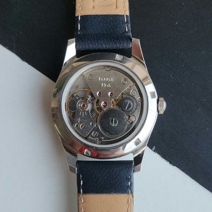 Vintage MOD HMT Janata Hand Winding 17 Jewels Blue Face Blue Leather Strap Men's Wrist Watch J20