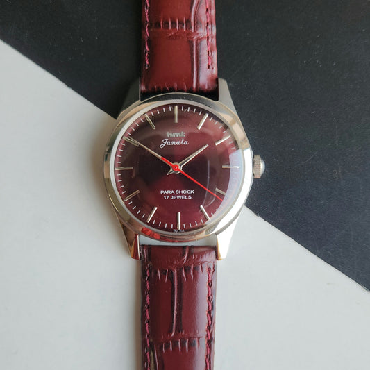 Vintage MOD HMT Janata Hand Winding 17 Jewels Wine Face Red Leather Strap Men's Wrist Watch J21