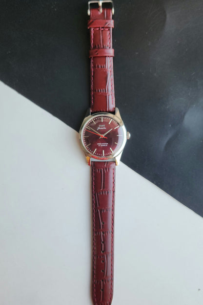 Vintage MOD HMT Janata Hand Winding 17 Jewels Wine Face Red Leather Strap Men's Wrist Watch J21