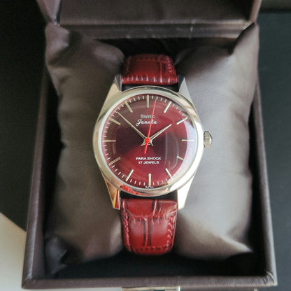 Vintage MOD HMT Janata Hand Winding 17 Jewels Wine Face Red Leather Strap Men's Wrist Watch J21