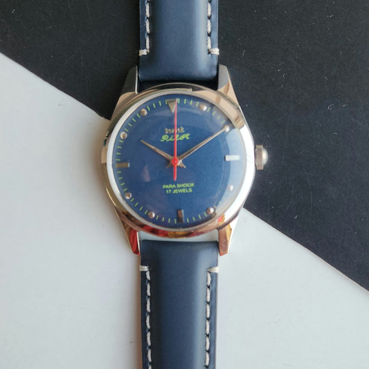 Vintage MOD HMT Pilot Hand Winding 17 Jewels Blue Face Blue Leather Strap Men's Wrist Watch J22