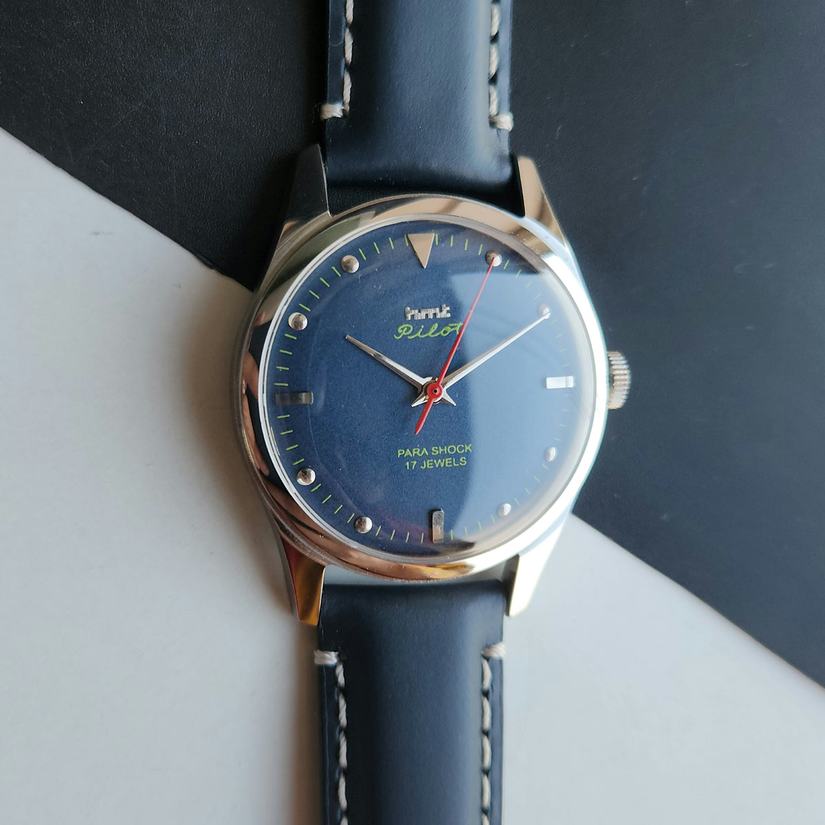 Vintage MOD HMT Pilot Hand Winding 17 Jewels Blue Face Blue Leather Strap Men's Wrist Watch J22