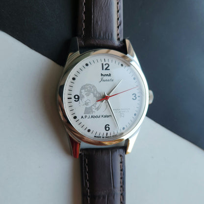 Vintage MOD HMT Janata A.P.J. Abdul Kalam Hand Winding 17 Jewels White Face Brown Leather Strap Men's Wrist Watch J23