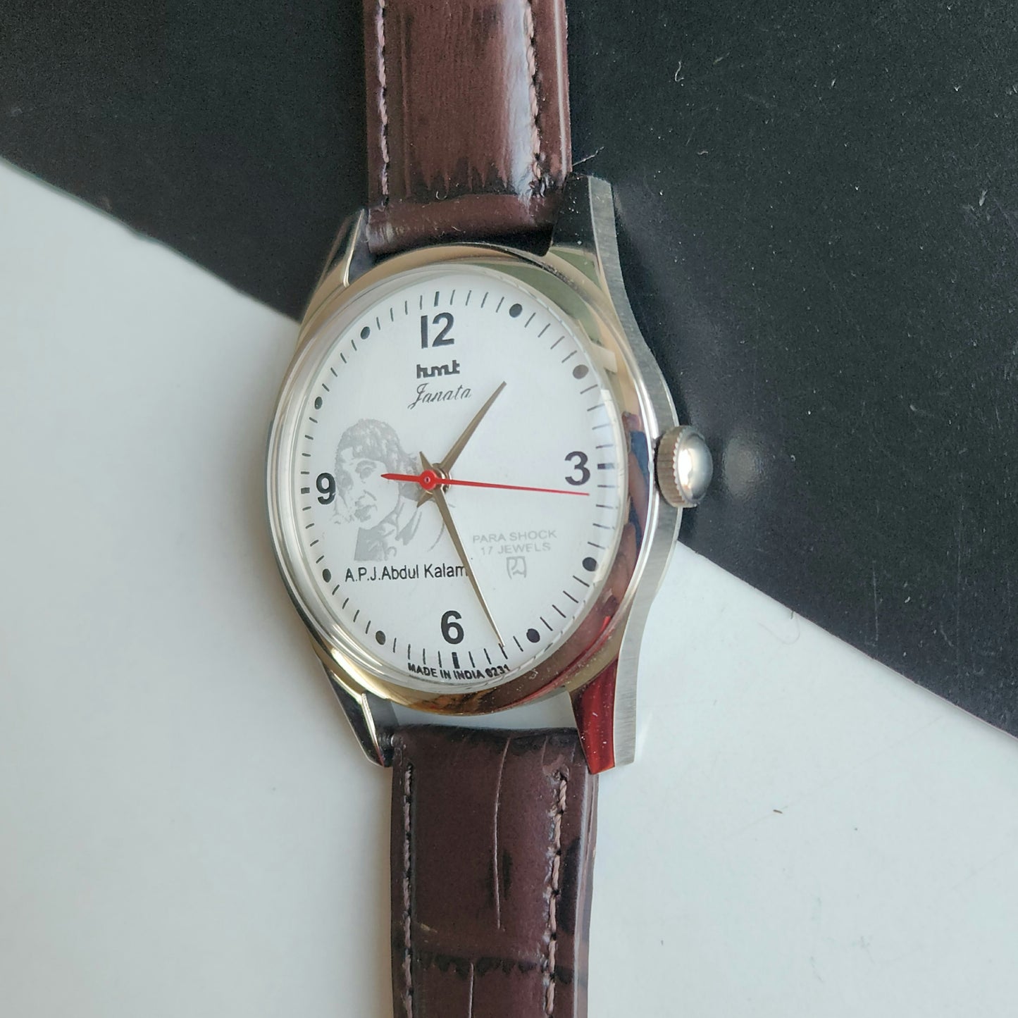 Vintage MOD HMT Janata A.P.J. Abdul Kalam Hand Winding 17 Jewels White Face Brown Leather Strap Men's Wrist Watch J23