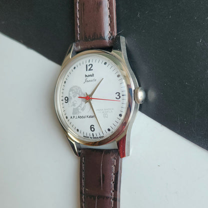 Vintage MOD HMT Janata A.P.J. Abdul Kalam Hand Winding 17 Jewels White Face Brown Leather Strap Men's Wrist Watch J23