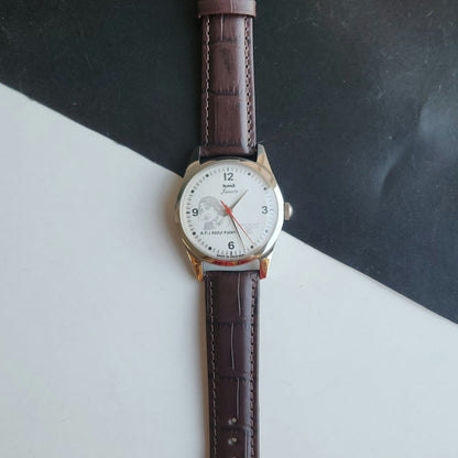 Vintage MOD HMT Janata A.P.J. Abdul Kalam Hand Winding 17 Jewels White Face Brown Leather Strap Men's Wrist Watch J23