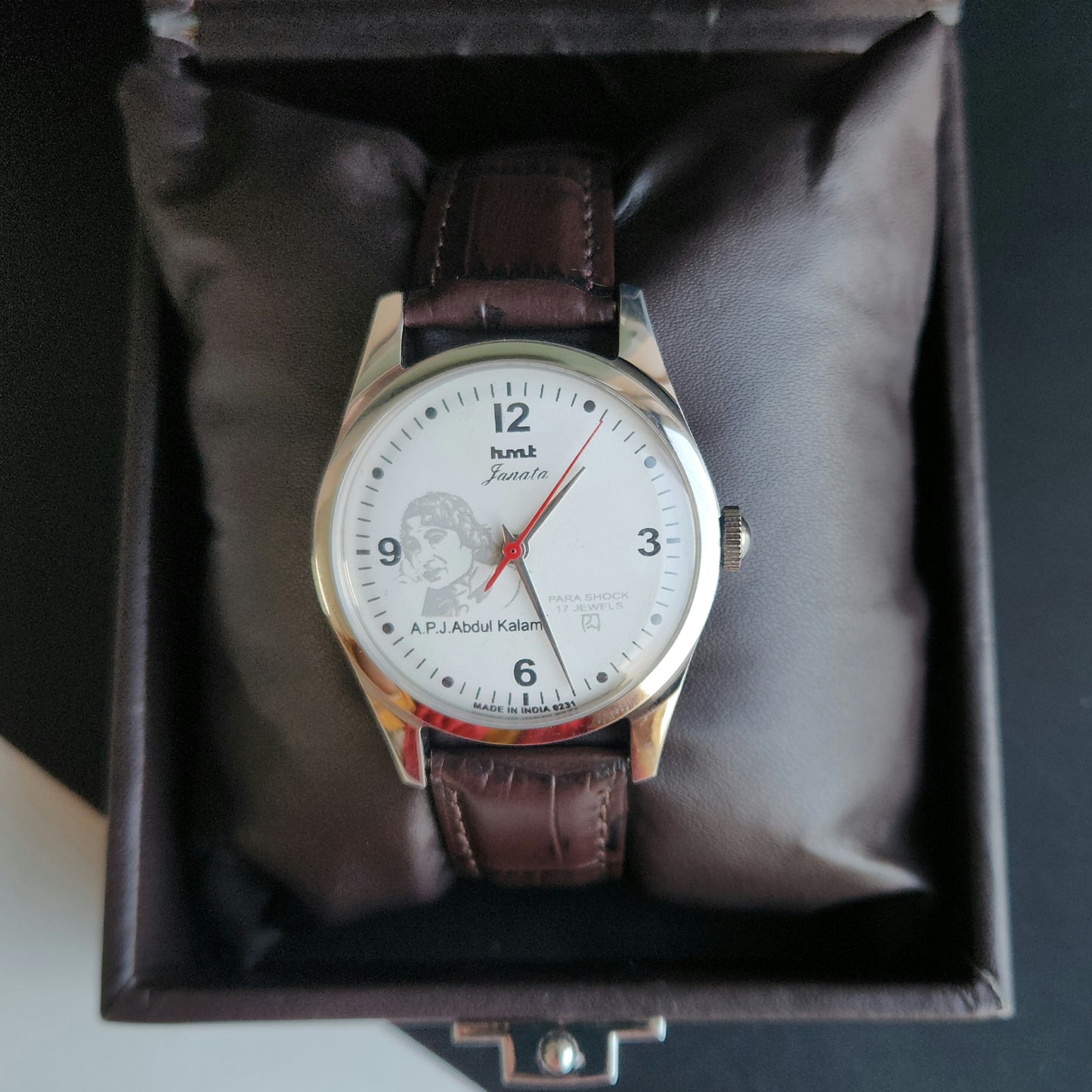 Vintage MOD HMT Janata A.P.J. Abdul Kalam Hand Winding 17 Jewels White Face Brown Leather Strap Men's Wrist Watch J23