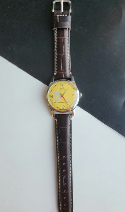 Vintage MOD HMT Janata A.P.J. Abdul Kalam Hand Winding 17 Jewels Yellow Face Brown Leather Strap Men's Wrist Watch J24