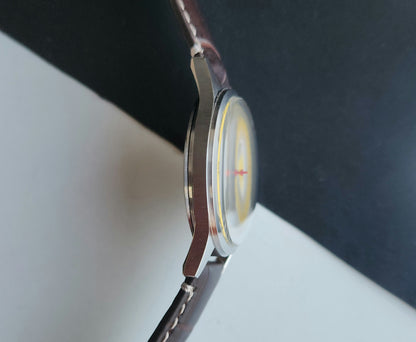 Vintage MOD HMT Janata A.P.J. Abdul Kalam Hand Winding 17 Jewels Yellow Face Brown Leather Strap Men's Wrist Watch J24