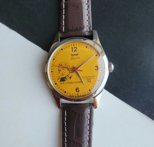 Vintage MOD HMT Janata A.P.J. Abdul Kalam Hand Winding 17 Jewels Orange Face Brown Leather Strap Men's Wrist Watch J25