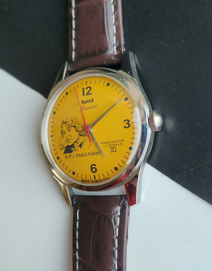 Vintage MOD HMT Janata A.P.J. Abdul Kalam Hand Winding 17 Jewels Orange Face Brown Leather Strap Men's Wrist Watch J25