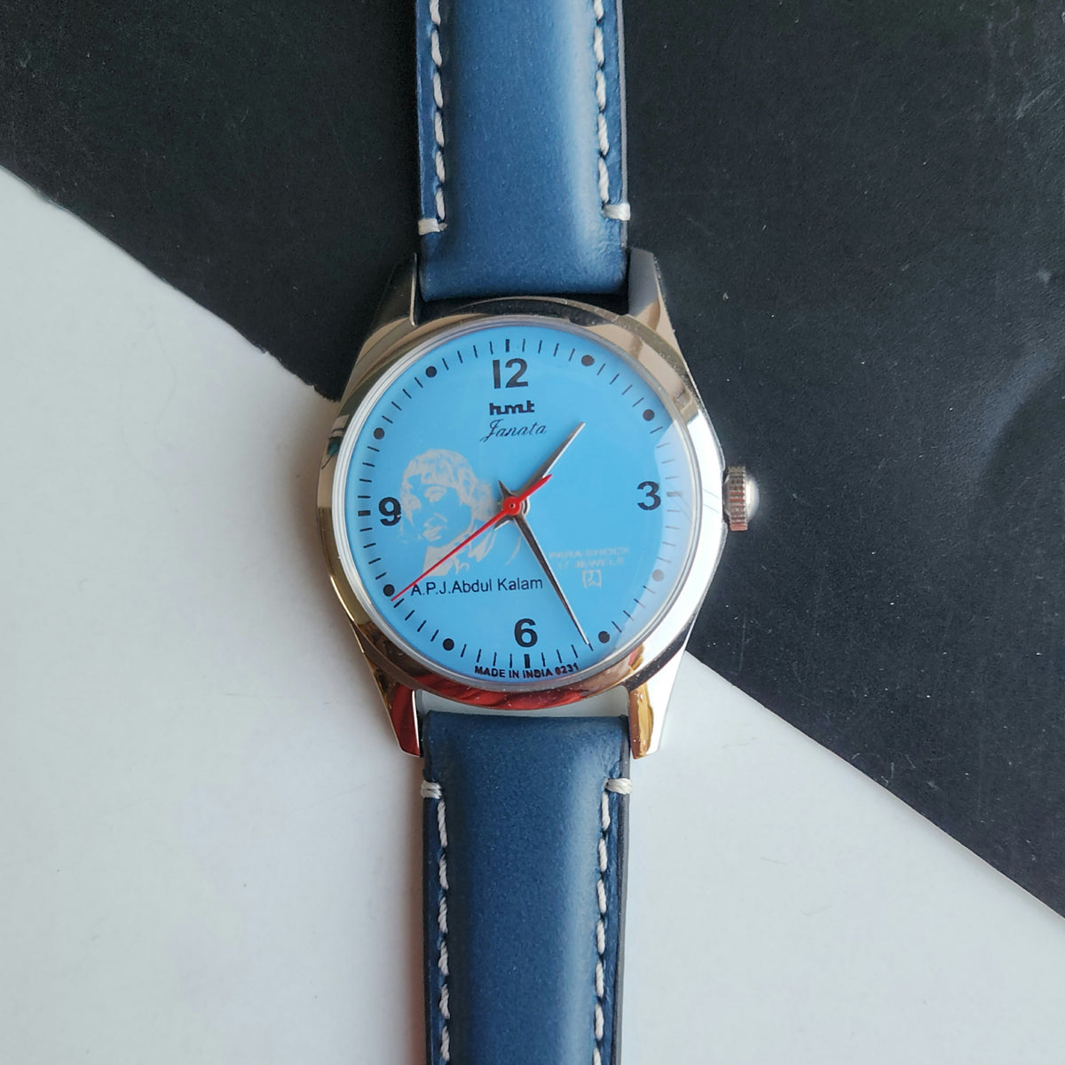 Vintage MOD HMT Janata A.P.J. Abdul Kalam Hand Winding 17 Jewels Blue Face Blue Leather Strap Men's Wrist Watch J26