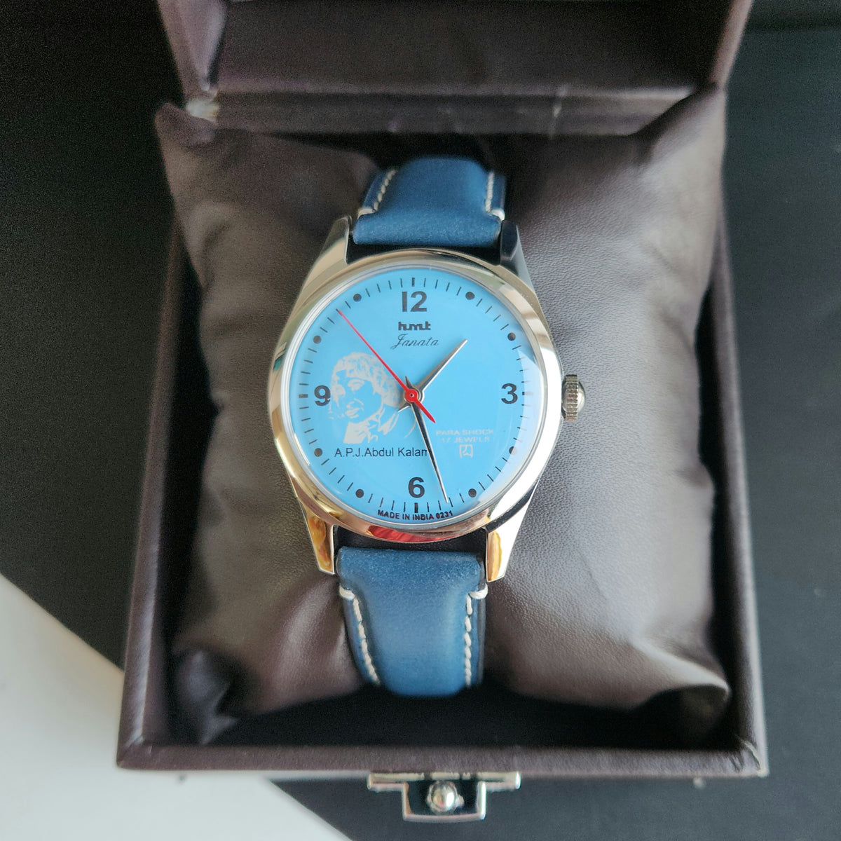 Vintage MOD HMT Janata A.P.J. Abdul Kalam Hand Winding 17 Jewels Blue Face Blue Leather Strap Men's Wrist Watch J26