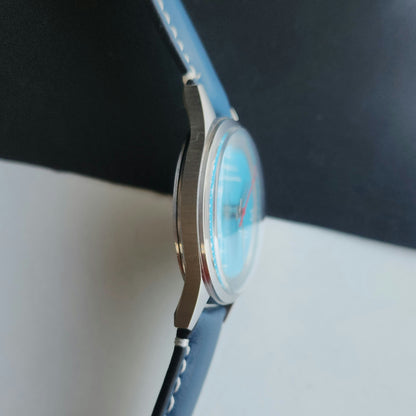 Vintage MOD HMT Janata Bhagat Singh Hand Winding 17 Jewels Blue Face Blue Leather Strap Men's Wrist Watch J28